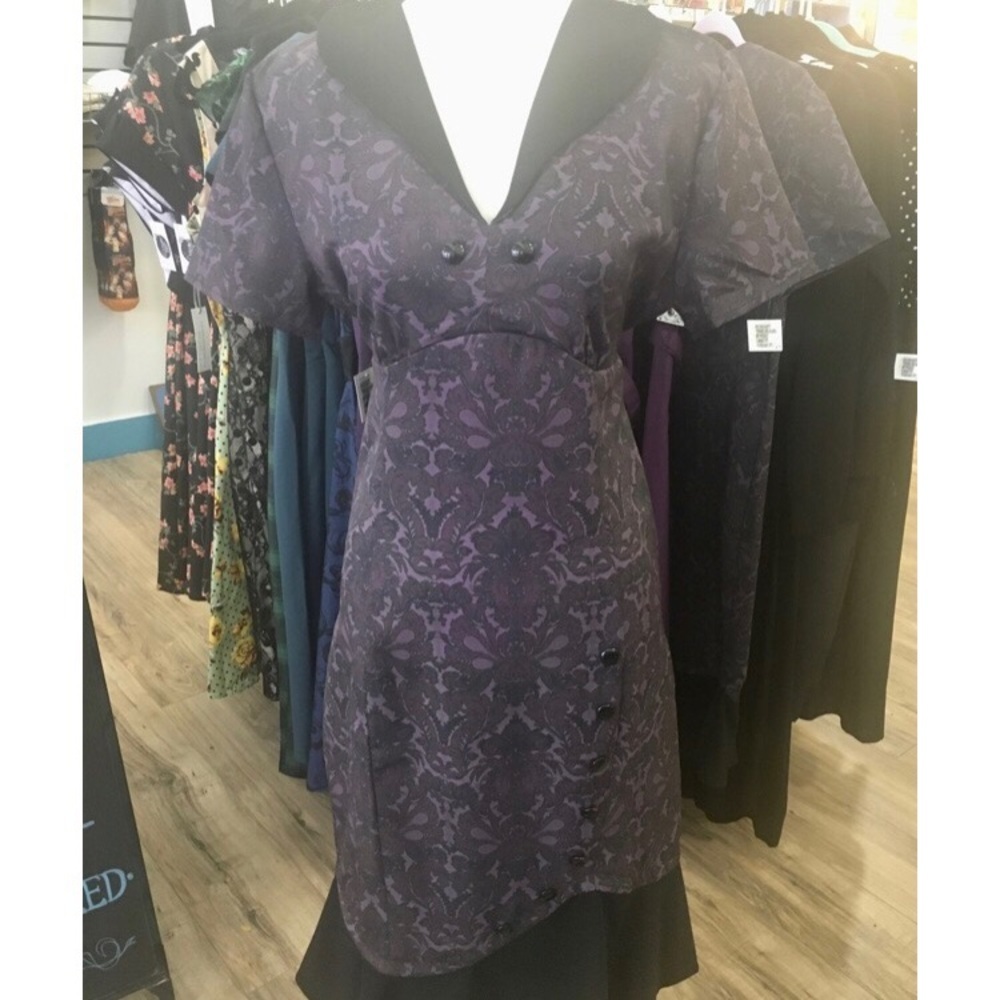 Retro Damask Print Ruffle Hem Buttons Pencil Dress Purple And Black New